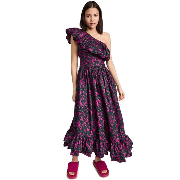 Sika Dark Green & Pink Sono One Shoulder Midi Dress Size 10 - Picture 1 of 11